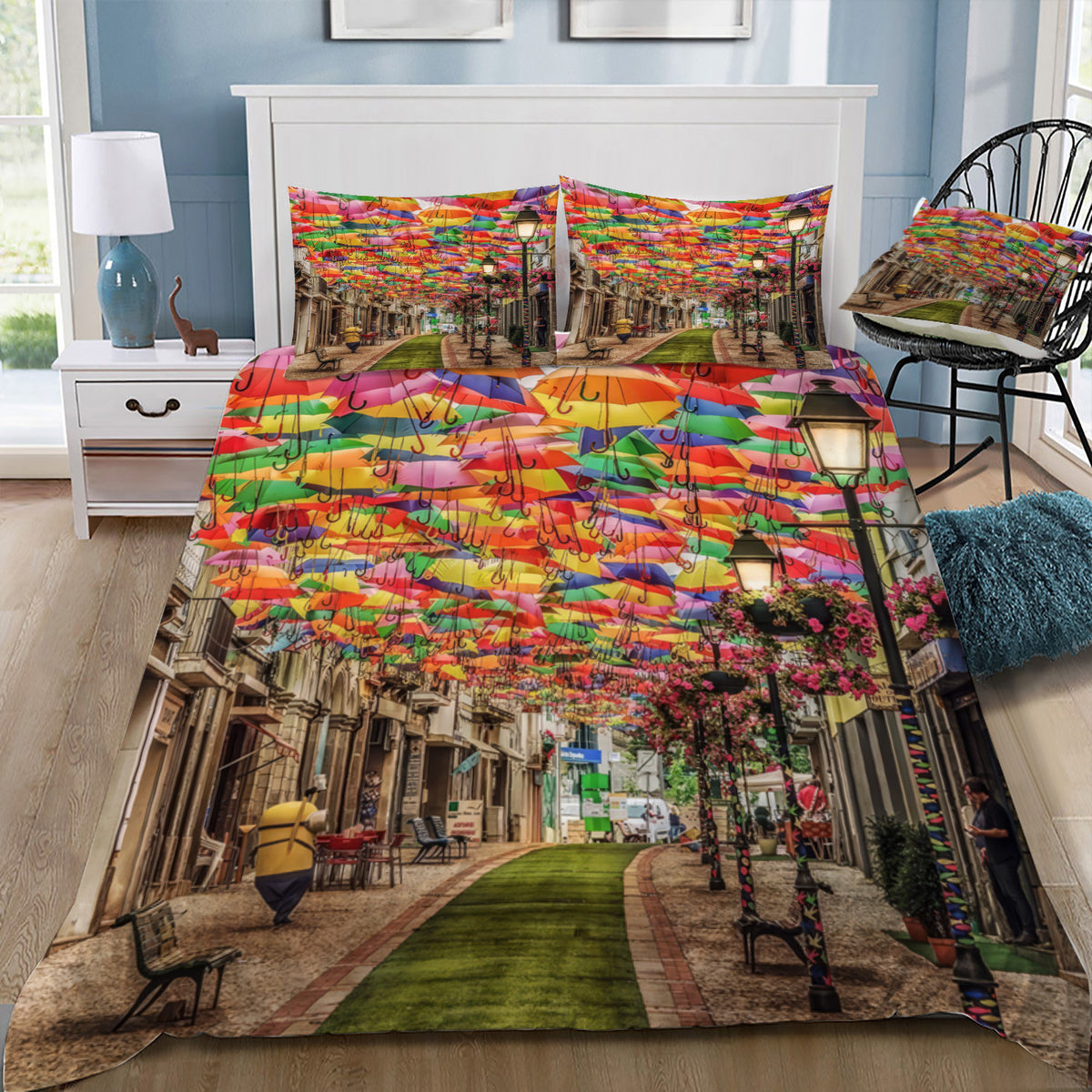 Colourful Umbrellas in Lane Duvet / Doona Cover and 2 Pillow Slips