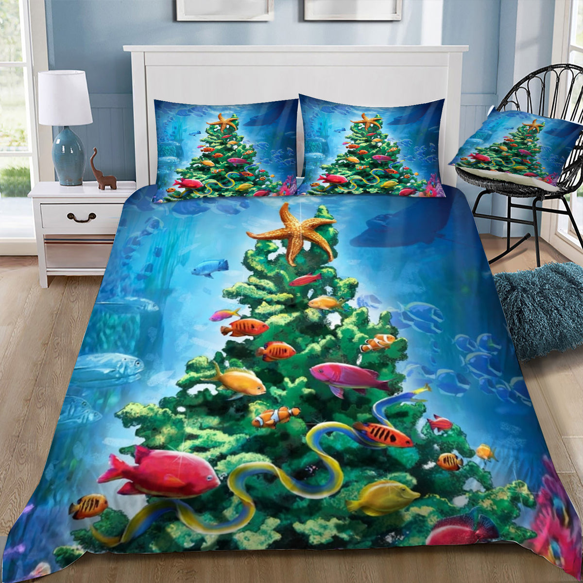 Coral Christmas Tree Duvet / Doona Cover and 2 Pillow Slips